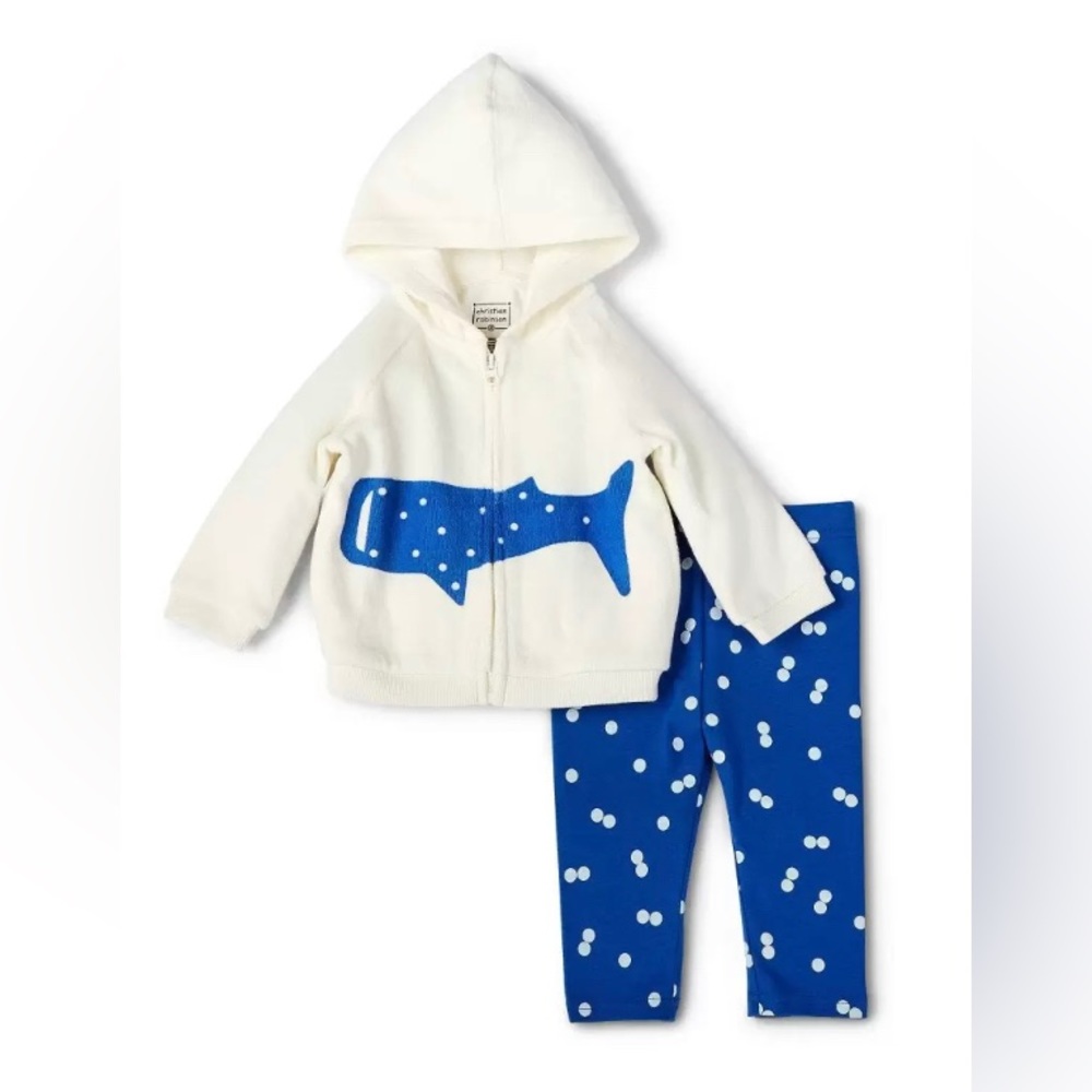 NWT Christian Robinson Cream/Blue Baby Whale Print Hoodie & Bottom Set 3-6 Month